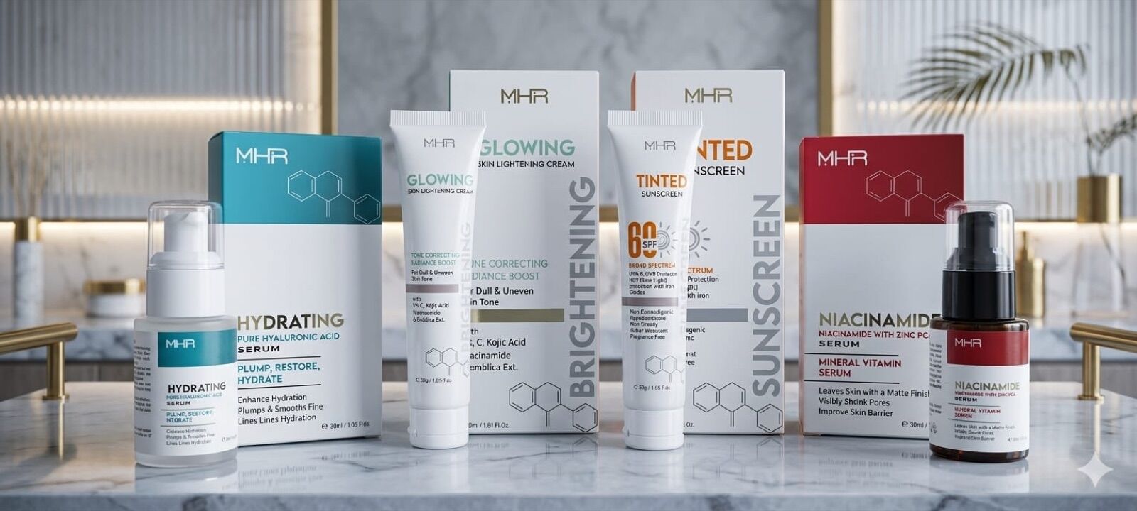 The MHR Aesthetics collection on marble: Hydrating serum, Glowing cream, Tinted sunscreen and Niacinamide serum