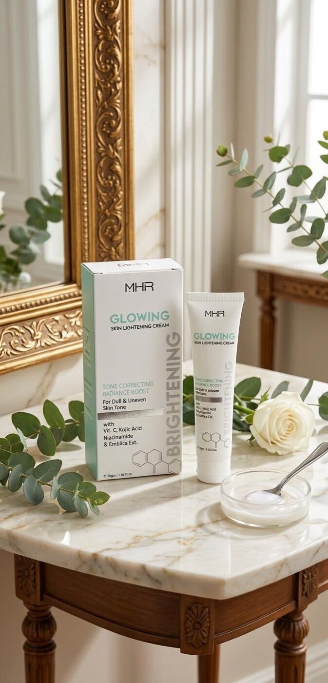 MHR Glowing Skin Lightening Cream on a vanity
