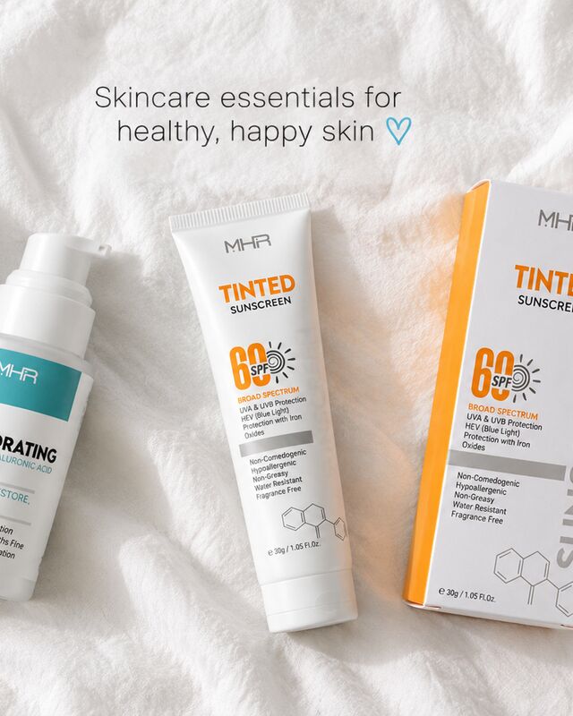 MHR skincare essentials flat lay