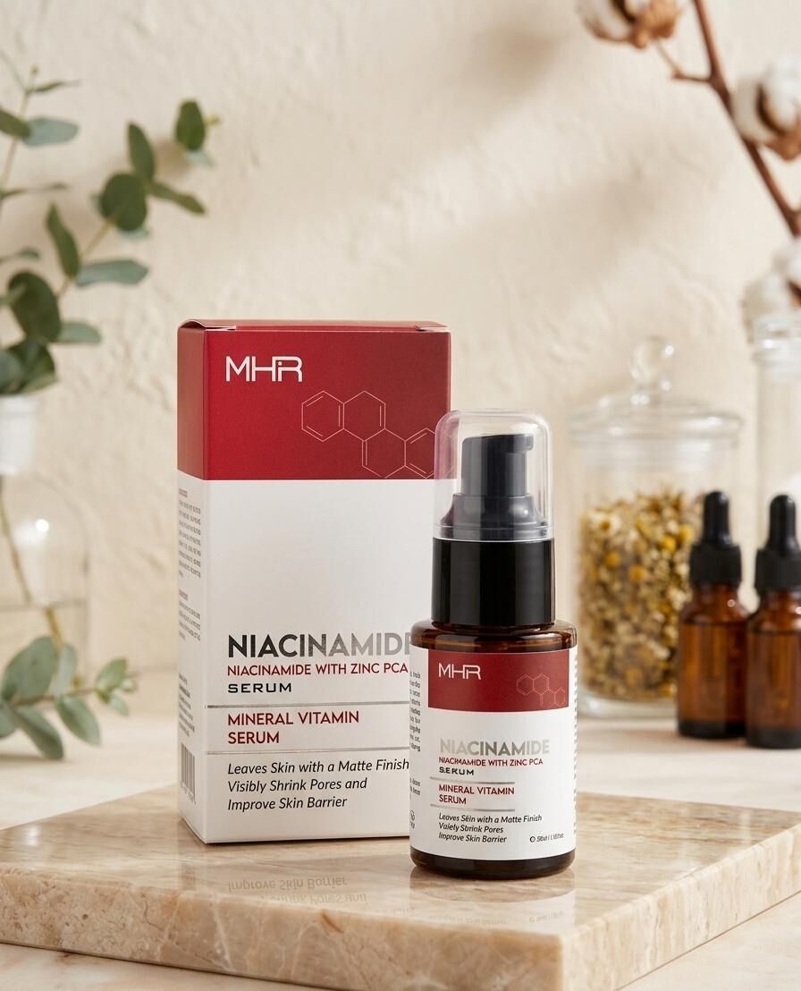 MHR Niacinamide serum on marble with eucalyptus